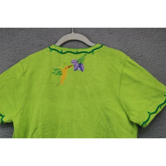 Quaker Factory Lime Green Embroidered Beaded Sweater-Large-Button Up-Birds - Picture 14 of 15